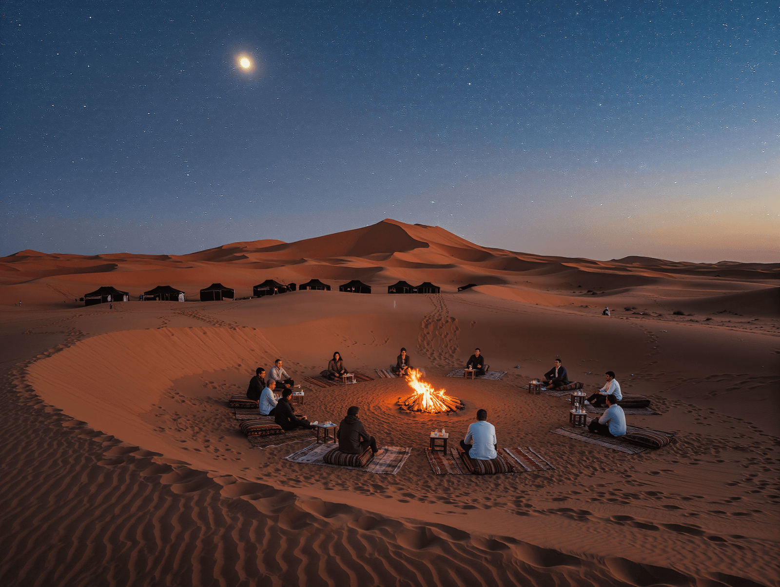 A camel caravan on a Marrakech desert tour at sunset, silhouetted against the golden dunes of the Sahara, 2 Day Desert Tour from Marrakech to Zagora