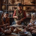 Traveler learning pottery techniques in authentic workshop Marrakech with master artisan