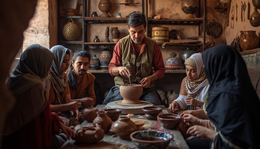 Traveler learning pottery techniques in authentic workshop Marrakech with master artisan