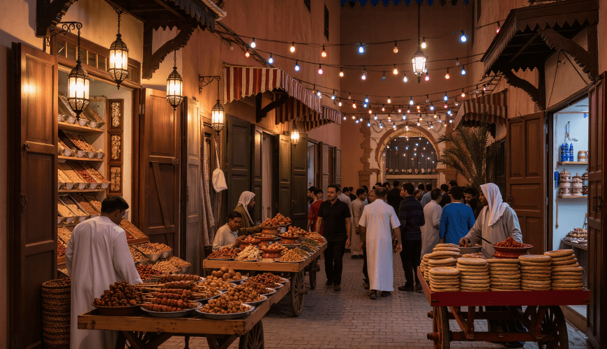 Colorful spices and lanterns in Jemaa el-Fna, representing the best things to do in Marrakech.